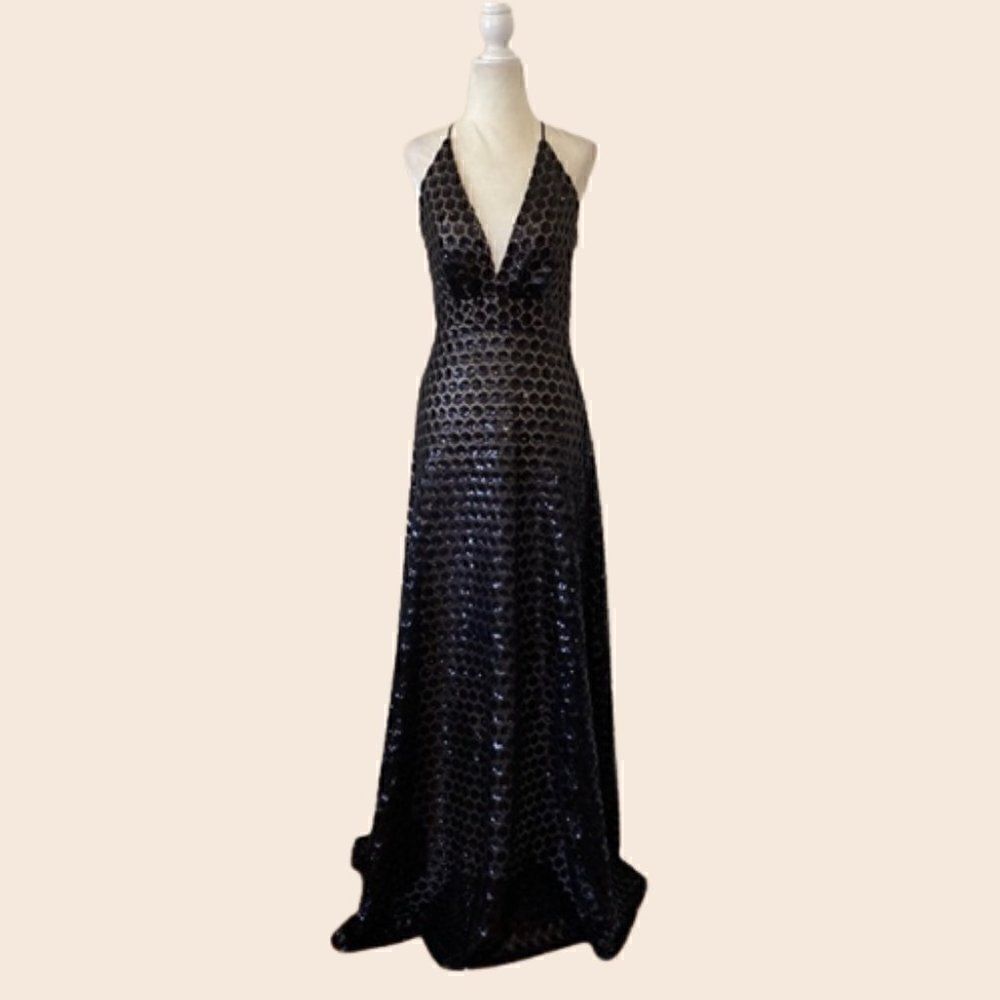 Rubber Ducky Productions Black Sequin Rosette Maxi Gown Size Small